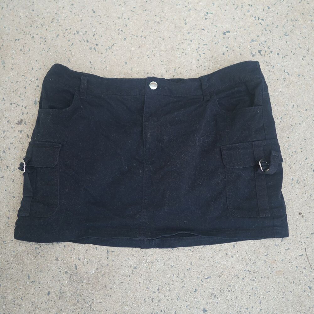 Wild Fable Black Denim Cargo Mini Skirt 14 Elastic Waist Y2K Utility Goth Punk